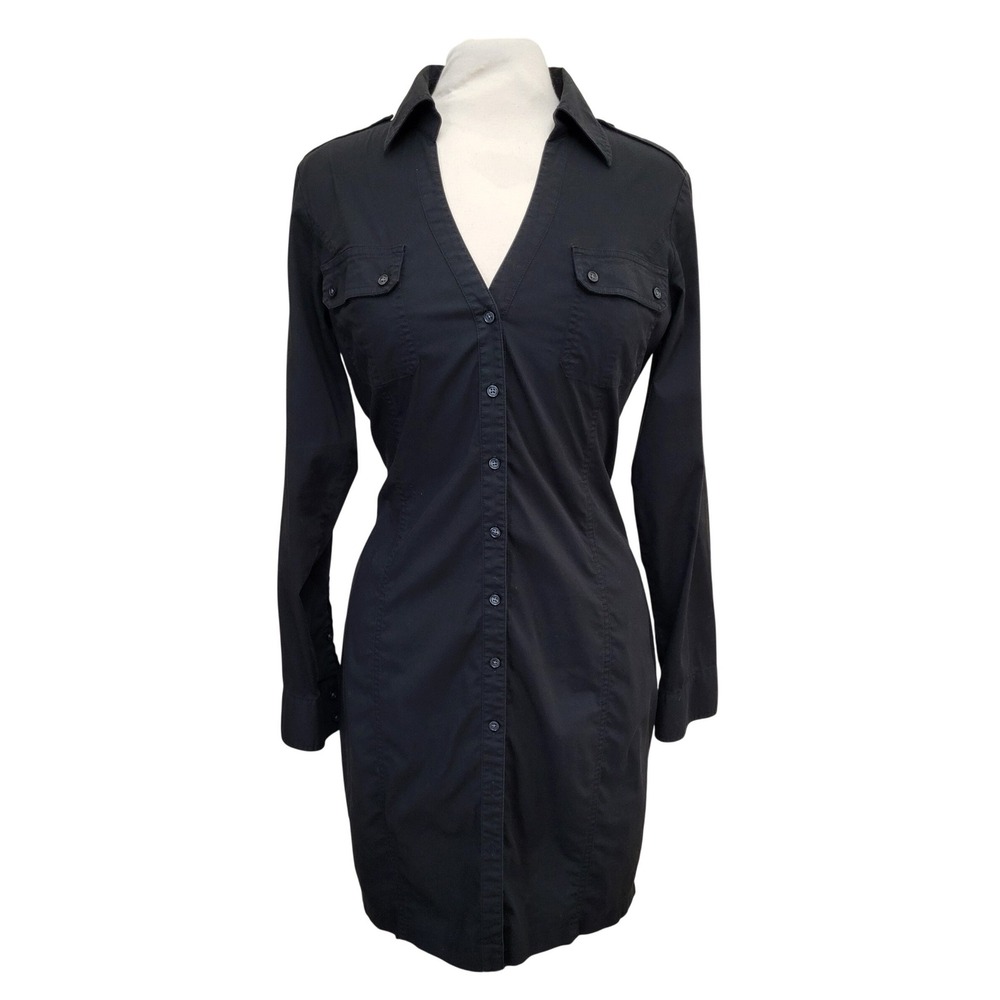 Express Black Utility Button Up Fitted V-Neck Safari Chic Shirt Dress 10